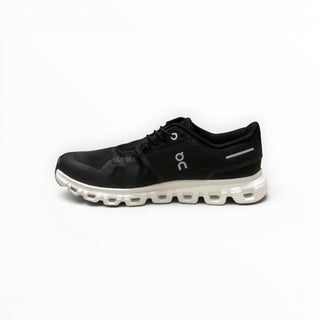 FWSports Shoes On Cloud 6 waterproof running shoes in black mesh with a white cushioned sole and side logo detail.