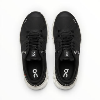 FWSports Shoes On Cloud 6 waterproof running shoes in black with white soles, top-down view.