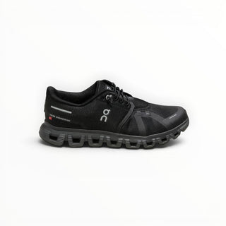 FWSports Shoes On Cloud 6 Waterproof running shoes in pure black with mesh upper and cushioned rubber lug sole.