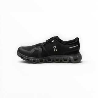 FWSports Shoes On Cloud 6 waterproof running shoes in pure black with mesh upper and cushioned rubber lug outsole