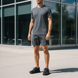 Man wearing FWSports Shoes On Cloud 6 Waterproof shoes in pure black with athletic shorts and a grey t-shirt outdoors.