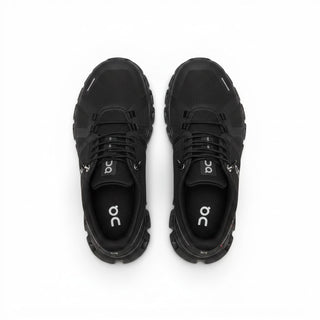 FWSports Shoes On Cloud 6 Waterproof sneakers in pure black with a sleek mesh upper and cushioned sole, top view.