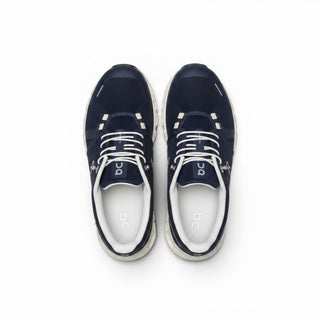 FWSports Shoes On Cloud 6 waterproof sneakers in blue and white with a mesh upper and cushioned sole, top view.