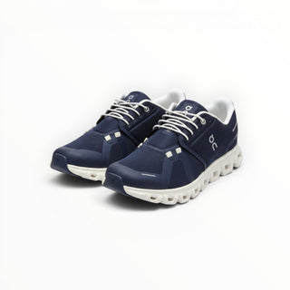 FWSports Shoes On Cloud 6 waterproof running shoes in navy blue and white with mesh upper and cushioned sole