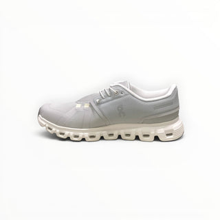 FWSports Shoes On Cloud 6 waterproof sneakers in glacier grey with a two-tone mesh upper and cushioned rubber outsole.