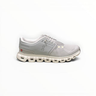 FWSports Shoes On Cloud 6 waterproof sneakers in glacier grey with two-tone mesh and cushioned rubber lug outsole.