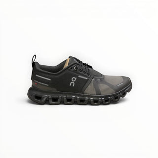 FWSports Shoes On Cloud 6 waterproof sneakers in black and gray with a cushioned sole and mesh upper.