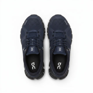 Top view of FWSports Shoes On Cloud 6 waterproof sneakers in black and deep blue with mesh upper and lace-up closure.
