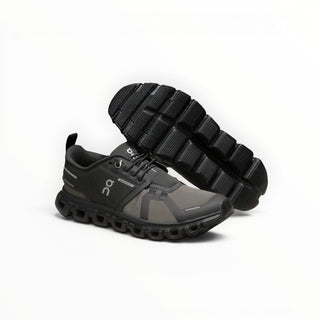 FWSports Shoes On Cloud 6 waterproof sneakers in black and gray with durable lugged outsoles for superior traction.