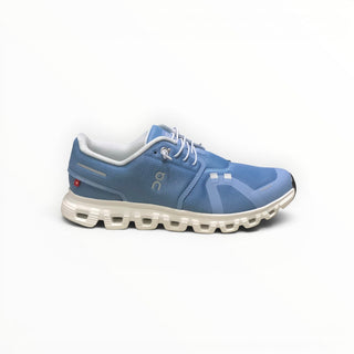 FWSports Shoes Womens On Cloud 6 Waterproof running shoe in light gray-blue and white with a cushioned sole