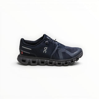FWSports Shoes Womens On Cloud 6 Waterproof running shoe in black and deep blue with mesh upper and rubber lug outsole