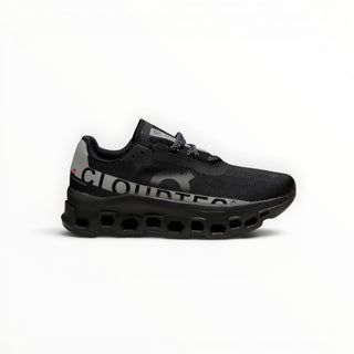 FWSports Shoes On Cloudmonster men's running shoes in black and silver with breathable mesh and thick CloudTec midsole.
