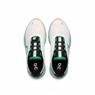 Top view of FWSports Shoes On Cloudmonster running shoes in brook green and white with mesh upper and lace-up closure.
