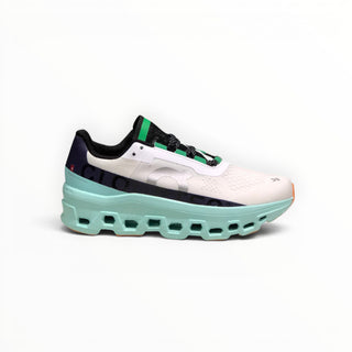 FWSports Shoes On Cloudmonster women's running shoe in Brook Green with oversized CloudTec cushioning and mesh upper.