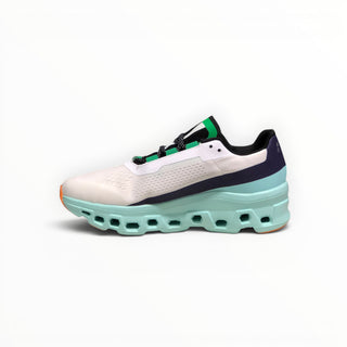 FWSports Shoes On Cloudmonster men's running shoe in Brook Green with oversized CloudTec cushioning and mesh upper.