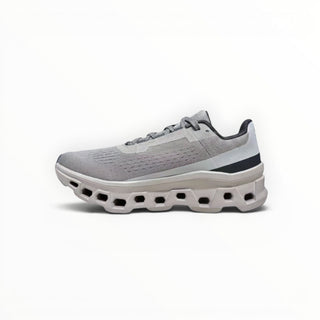 FWSports Shoes On Cloudmonster men's running shoes in Cinder Ash with breathable mesh and thick CloudTec cushioning.
