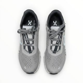 FWSports Shoes On Cloudmonster men's running shoes in Cinder Ash grey with breathable mesh and lace-up design.