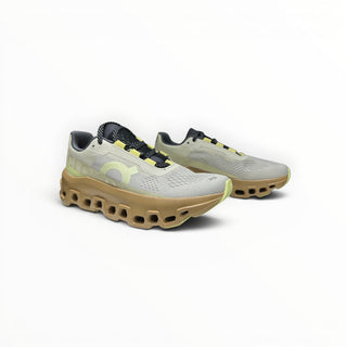 FWSports Shoes On Cloudmonster running shoes in dune beige with oversized CloudTec cushioning and mesh upper.