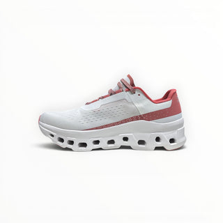 FWSports Shoes On Cloudmonster men's running shoe in Gem Red with breathable mesh upper and oversized CloudTec cushioning.