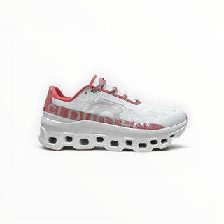 FWSports Shoes On Cloudmonster men's running shoe in gem red and white with oversized CloudTec cushioning.