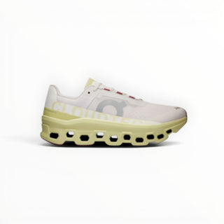 FWSports Shoes On Cloudmonster men's running shoes in lemon yellow with breathable mesh and chunky CloudTec cushioning.