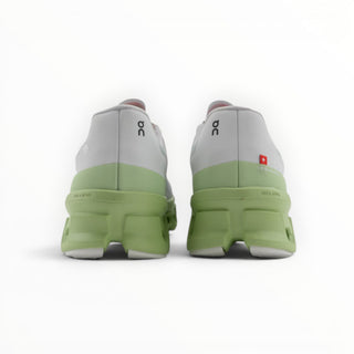 FWSports Shoes On Cloudmonster women's running shoes in macaron green, rear view showing thick Helion foam sole.
