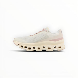 FWSports Shoes On Cloudmonster women's running shoe in moon gray with breathable mesh and thick CloudTec cushioning.