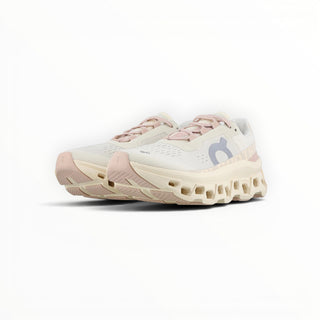 FWSports Shoes On Cloudmonster women's running shoes in moon gray with breathable mesh and thick CloudTec cushioning.