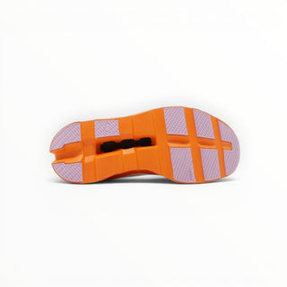 FWSports Shoes On Cloudmonster women's running shoe outsole in bright orange with light purple traction pads