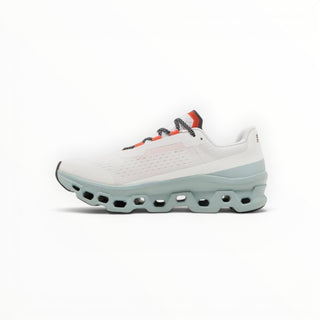 FWSports Shoes women's On Cloudmonster running shoes in wave blue with breathable mesh and thick CloudTec cushioning.