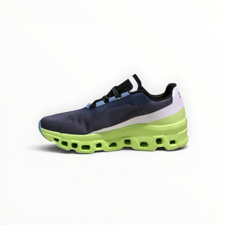 FWSports Shoes On Cloudmonster men's running shoe in iron black with a vibrant lime green oversized CloudTec sole.