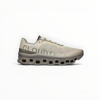 FWSports Shoes On Cloudmonster men's running shoes in ice white and alloy grey with breathable mesh and CloudTec sole.