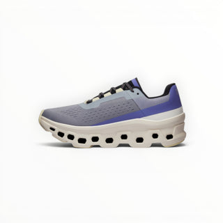 FWSports Shoes On Cloudmonster women's running shoe in mist blue and blueberry purple with thick CloudTec cushioning.