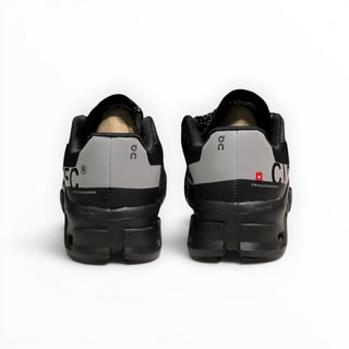 FWSports Shoes On Cloudmonster men's running shoes in black and silver, showing the rear view with CloudTec branding.