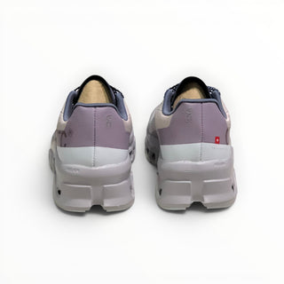 FWSports Shoes On Cloudmonster men's running shoes in gray, purple, and pearl white, rear view showing cushioned sole.
