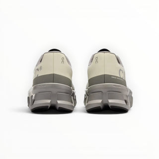 FWSports Shoes On Cloudmonster men's running shoes in ice white and alloy grey, rear view showing CloudTec sole.