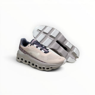 FWSports Shoes On Cloudmonster men's running shoes in gray, purple, and pearl white with breathable mesh and CloudTec.
