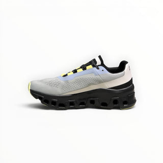 FWSports Shoes On Cloudmonster men's running shoes in fossilized lime and magnetic grey with thick CloudTec midsole.