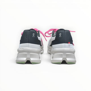 Rear view of FWSports Shoes On Cloudmonster men's running shoes in white and lime green with pink laces.