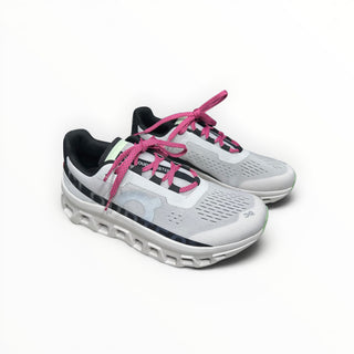 FWSports Shoes On Cloudmonster men's running shoes in white with bright pink laces and black detailing