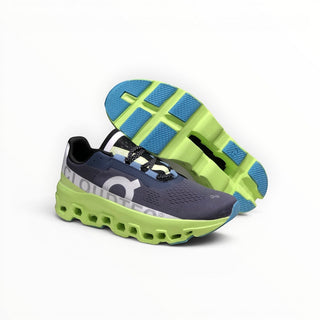 FWSports Shoes On Cloudmonster running shoes in iron black with lime green CloudTec sole and blue tread.