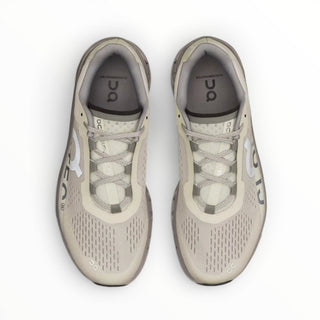 FWSports Shoes On Cloudmonster men's running shoes in ice white and alloy grey with breathable mesh and cushioned soles.