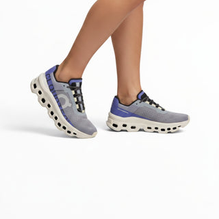 FWSports Shoes On Cloudmonster women's running shoes in mist blue and blueberry purple with thick CloudTec cushioning