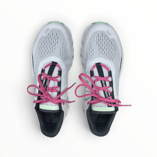 FWSports Shoes On Cloudmonster men's running shoes in white with lima bean green accents and bright pink laces