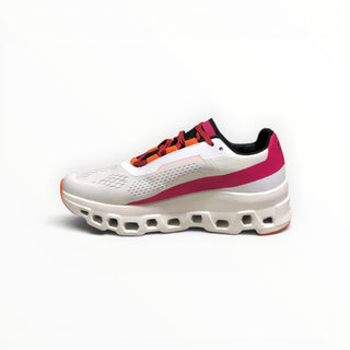 FWSports Shoes On Cloudmonster women's running shoe in undyed white mesh with aurora pink and orange accents.