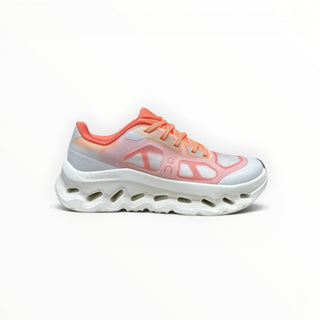 FWSports Shoes On Cloudtilt Remix women's running sneaker in coral, peach, and white with a layered x-ray mesh upper.