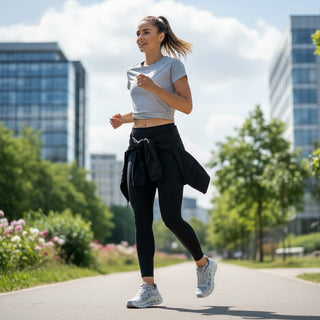Woman jogging in FWSports Shoes On Cloudtilt Remix sneakers in glacier and white with layered x-ray upper design.