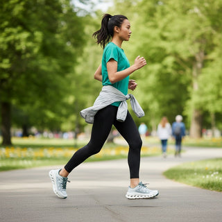 A woman running in a park wearing FWSports Shoes On Cloudtilt Remix sneakers in sage, ice, and white with CloudTec