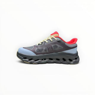 FWSports Shoes On Cloudtilt Remix running sneaker in dark mocha, slate blue, and red with a futuristic CloudTec Phase sole.