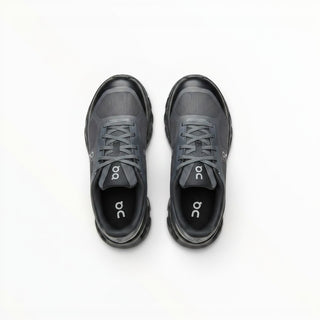 Top view of FWSports Shoes On Cloudtilt Remix women's running sneakers in blackout and charcoal with x-ray mesh upper.